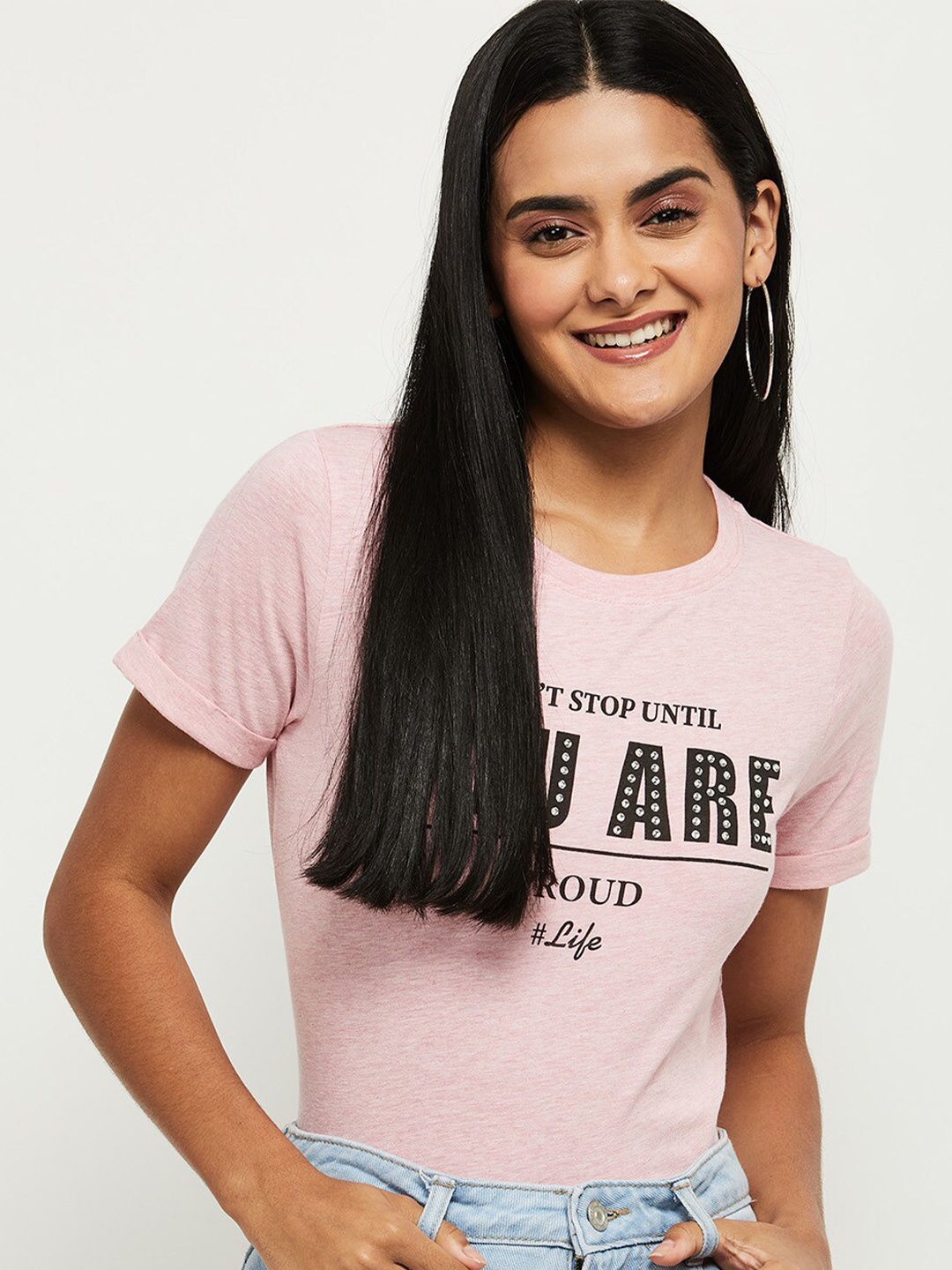 

max Women Pink Typography Printed Round Neck Cotton T-shirt