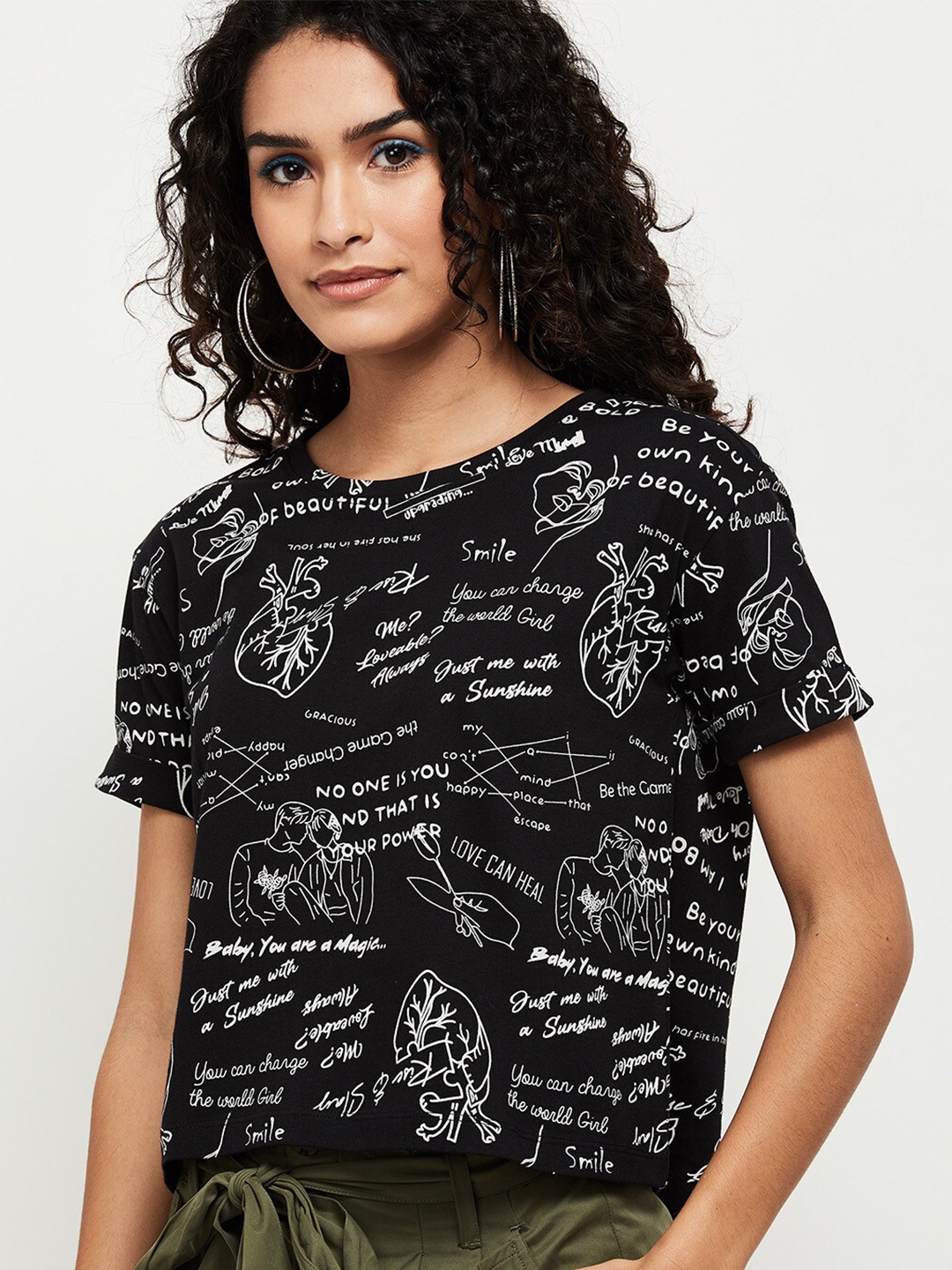 

max Women Black Regular Fit Cotton Typography Printed T-shirt