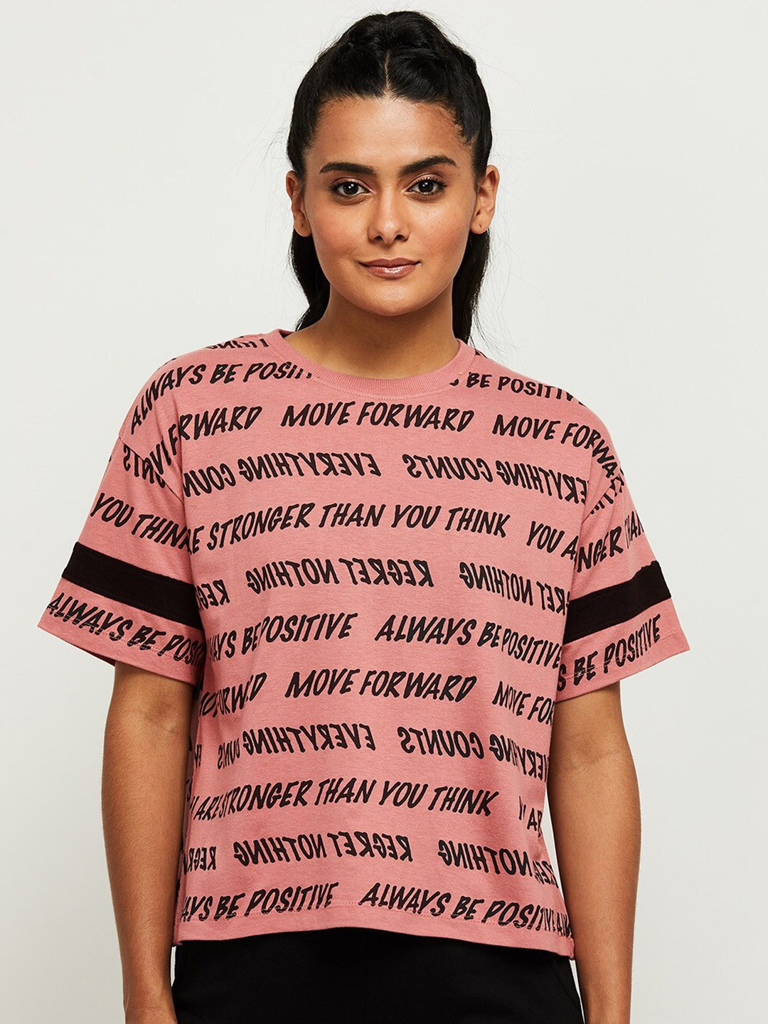 

max Women Peach & Black Regular Fit Cotton Typography Printed T-shirt