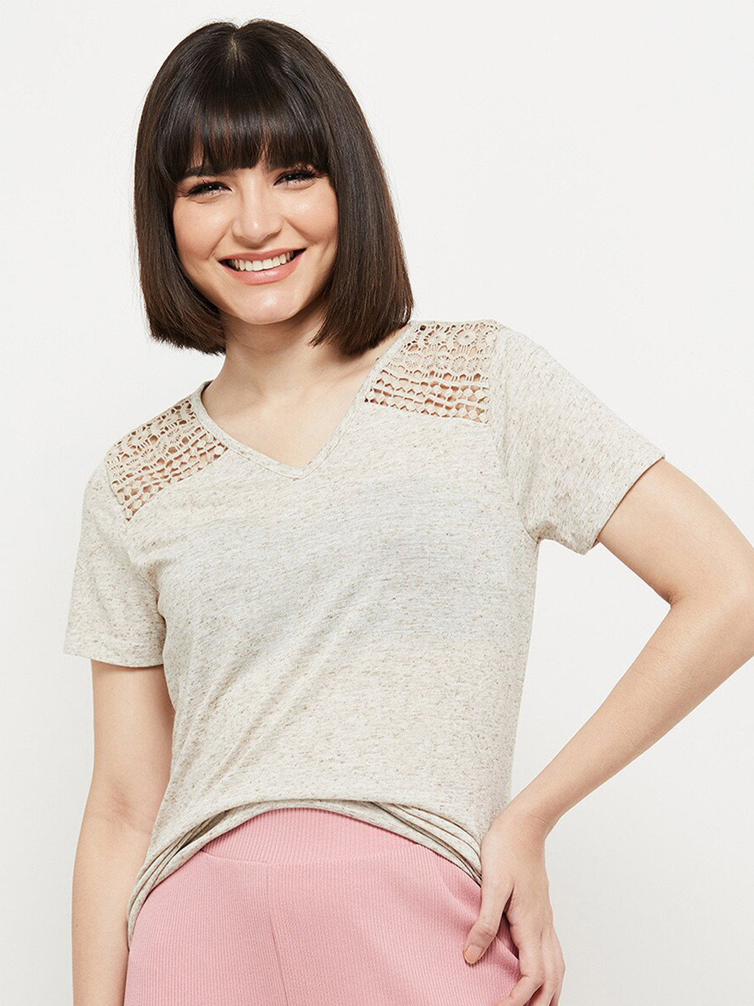 

max Women Beige V-Neck T-shirt
