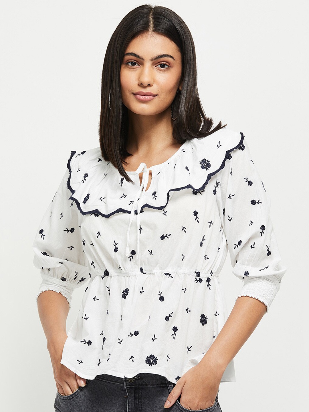 

max Women Cream-Colored & Blue Floral Embroidered Cotton Top