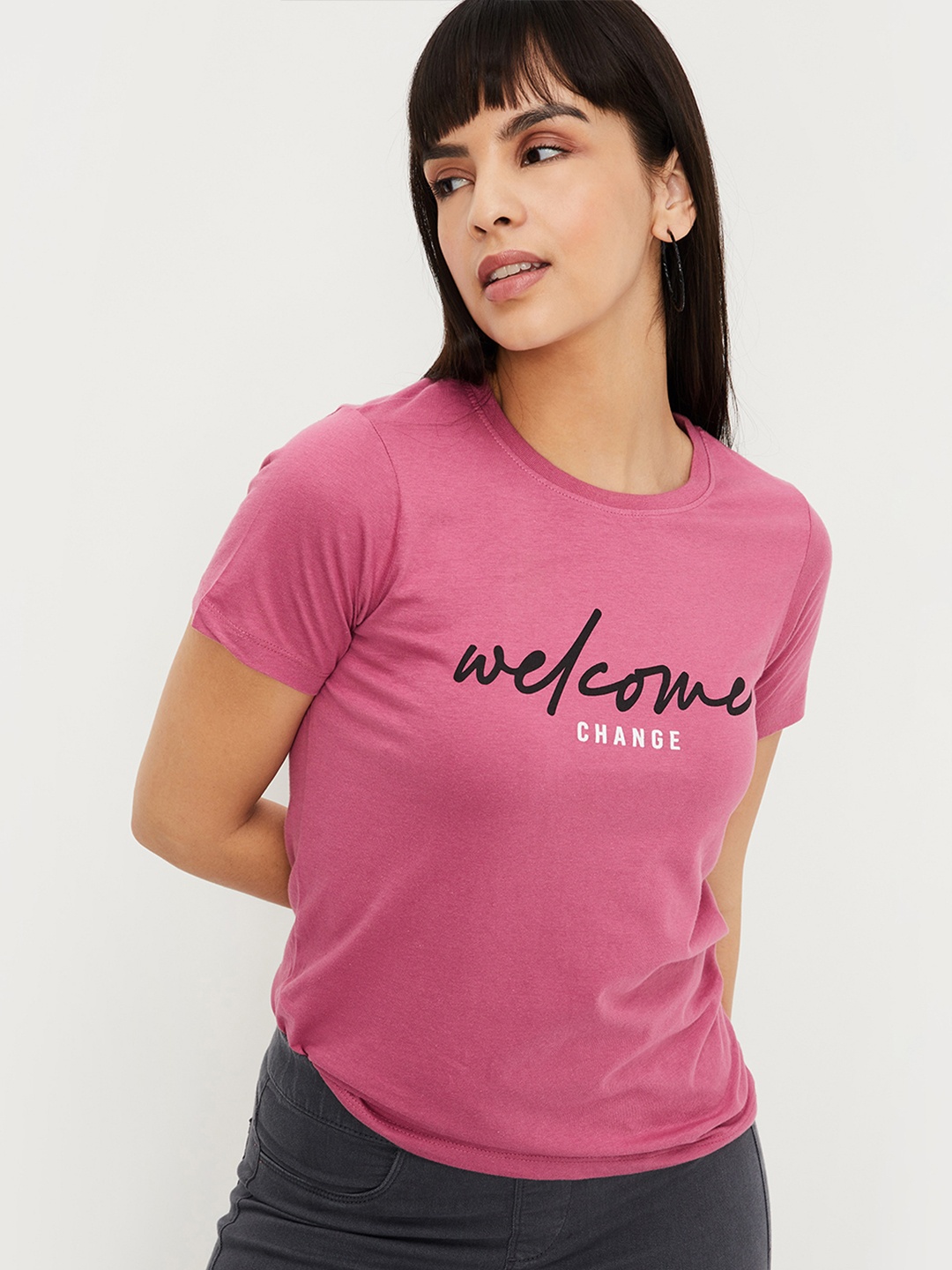 

max Women Pink Typography Printed Pure Cotton T-shirt