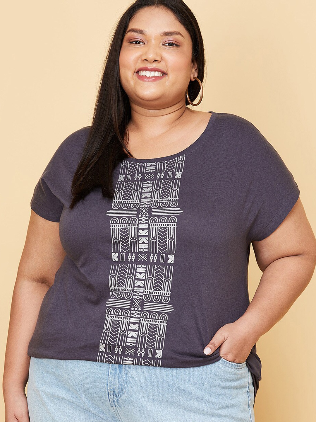 

max Women Plus Size Dark Grey Geometric Printed Pure Cotton T-shirt