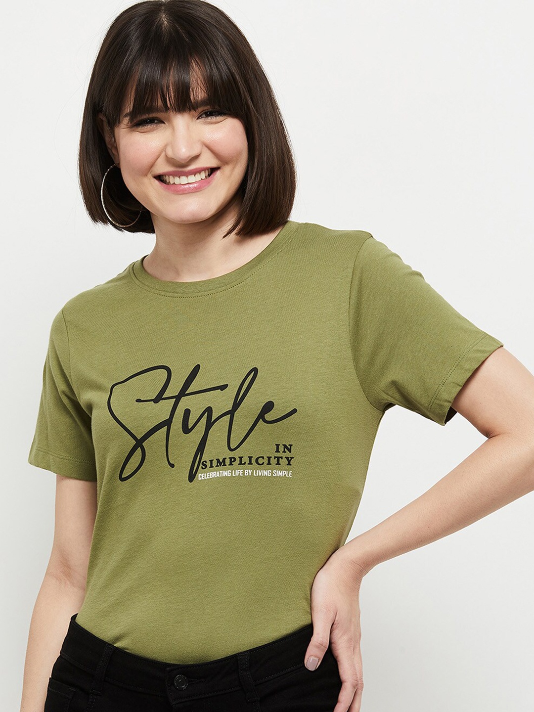

max Women Olive Green Typography Printed Pure Cotton T-shirt