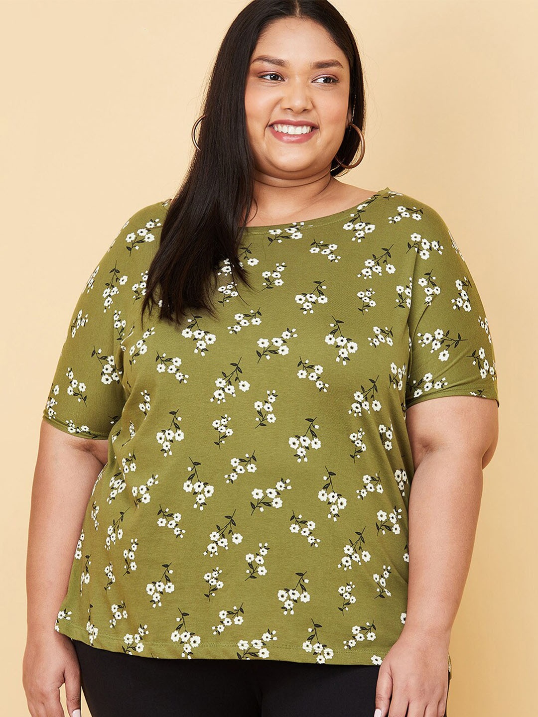 

max Women Plus Size Olive Green Floral Printed Pure Cotton T-shirt