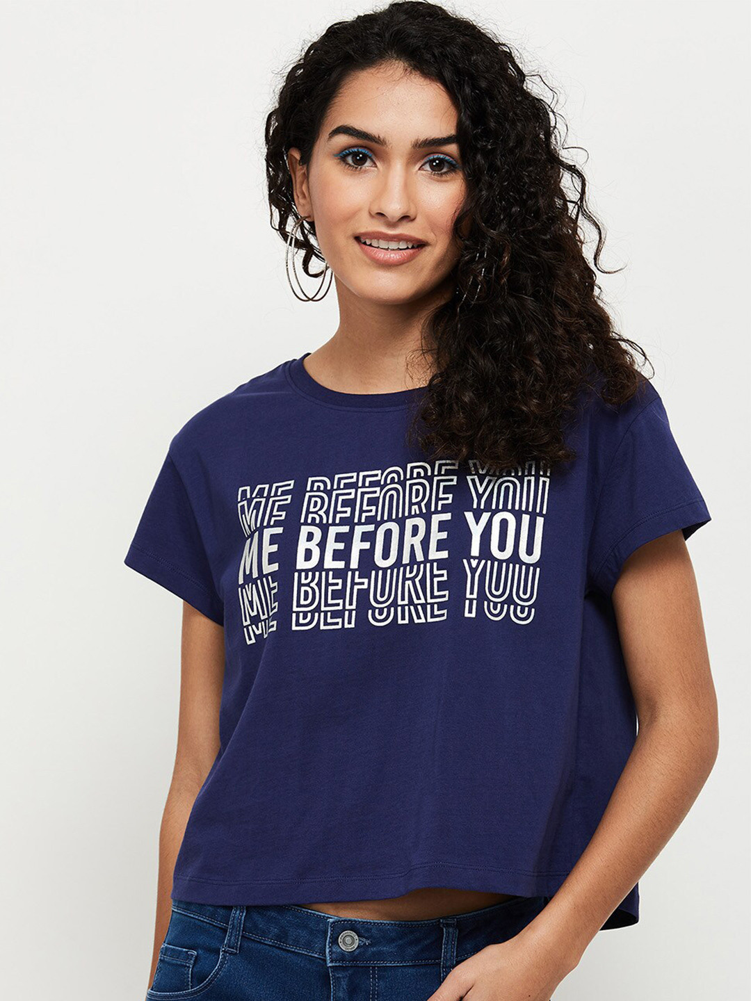 

max Women Blue Typography Printed Pure Cotton T-shirt