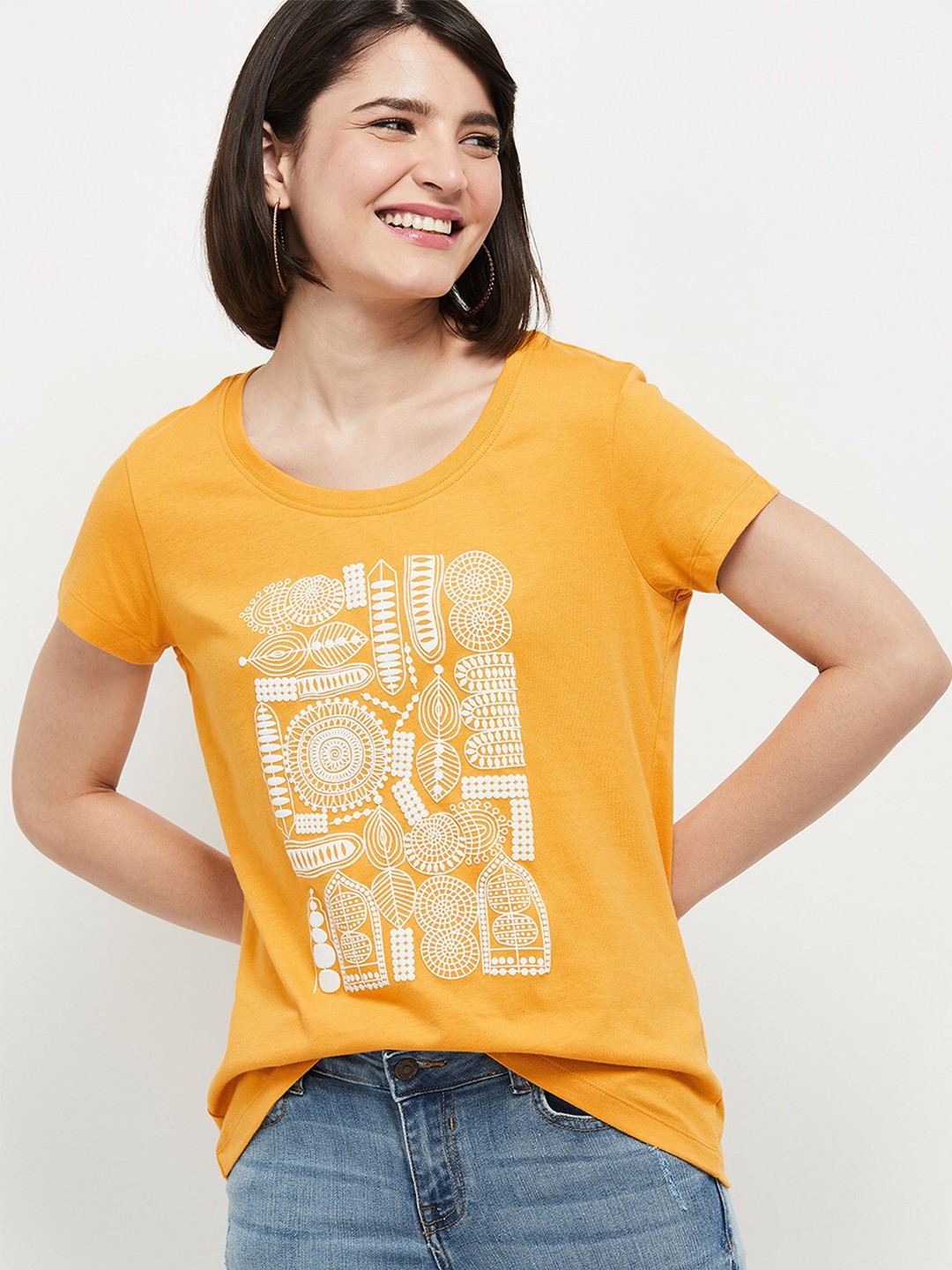 

max Women Yellow Conversational Printed Pure Cotton T-shirt