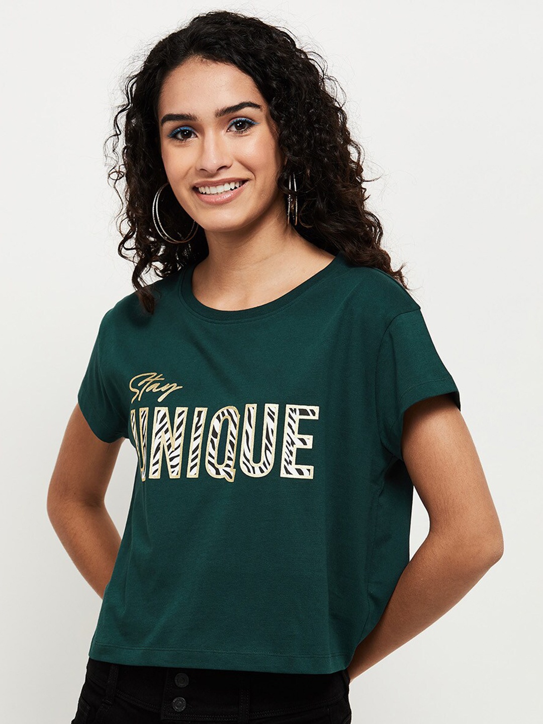 

max Women Green Typography Printed Cotton T-shirt