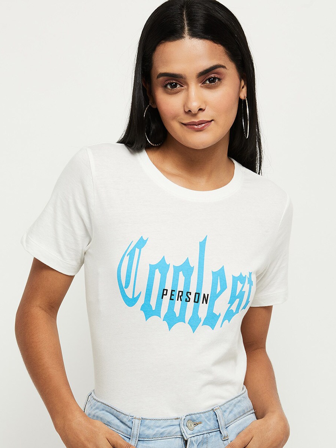 

max Women Cream-Coloured Typography Printed Cotton T-shirt