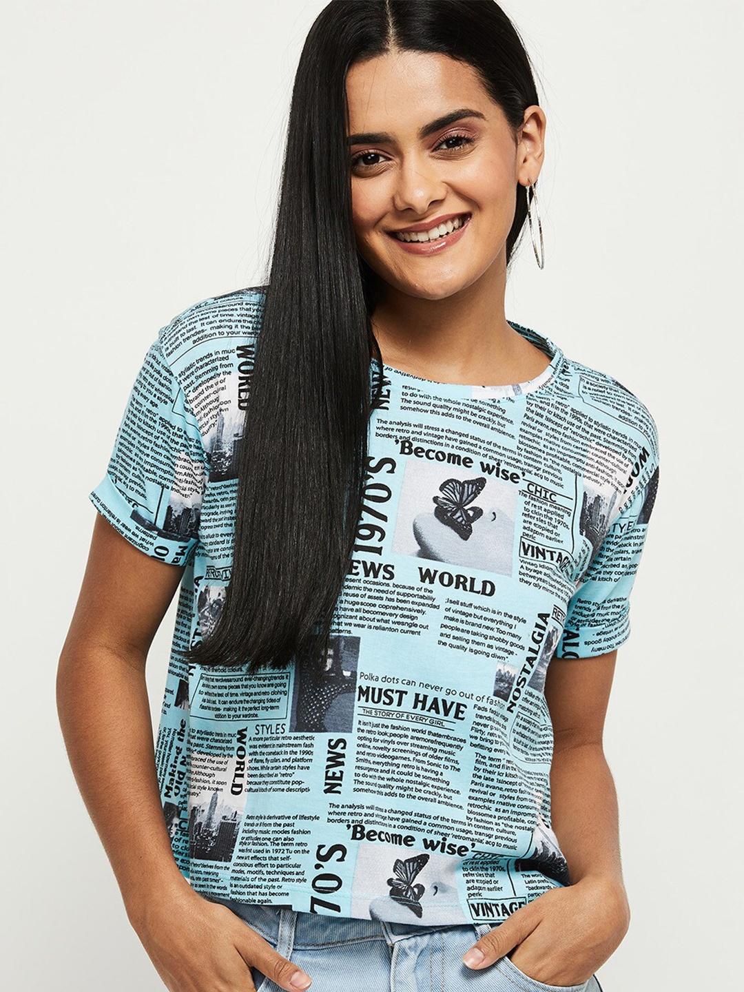 

max Women Blue Typography Printed Pure Cotton T-shirt