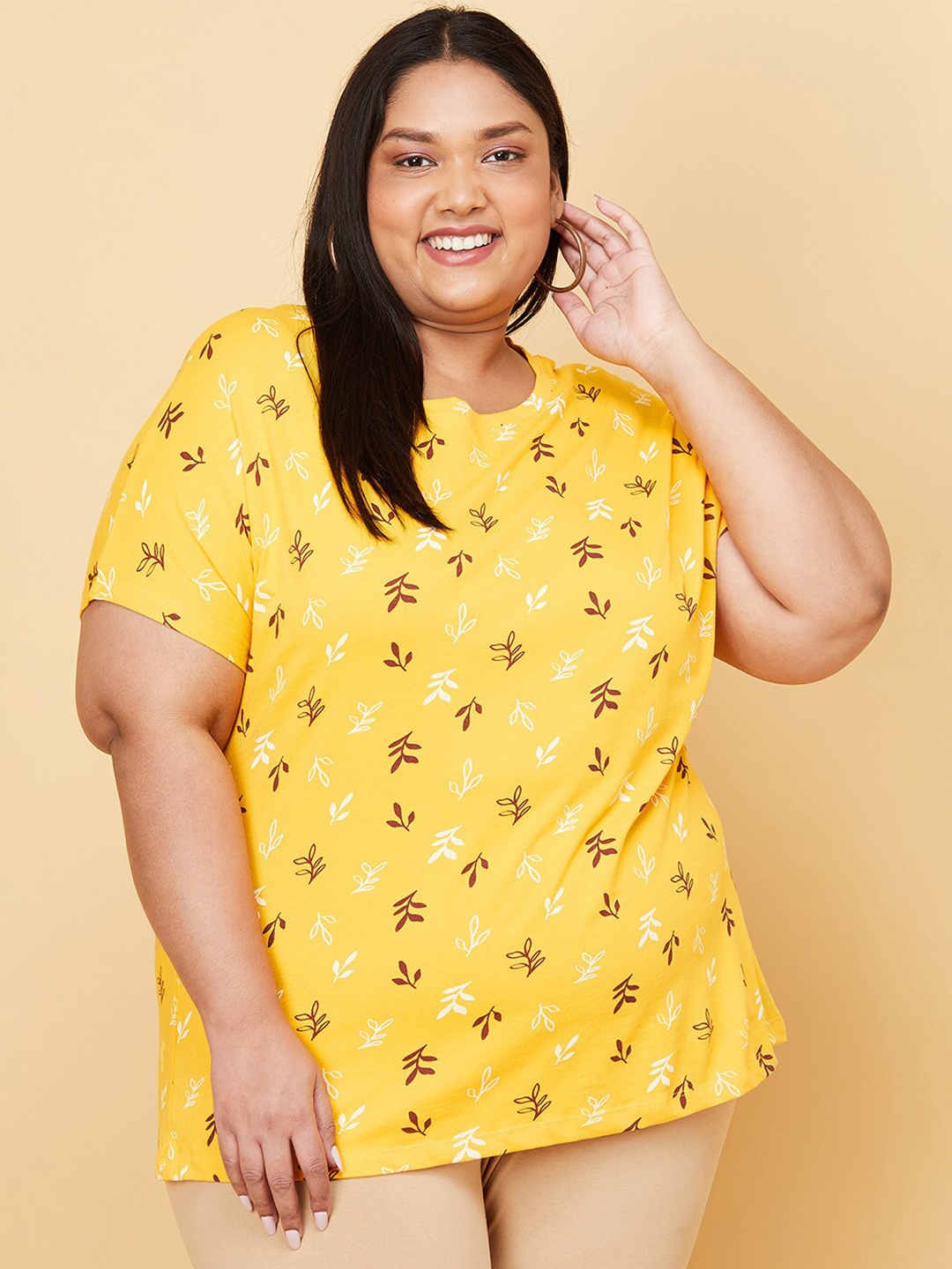 

max Plus Size Women Yellow Printed Pure Cotton T-shirt