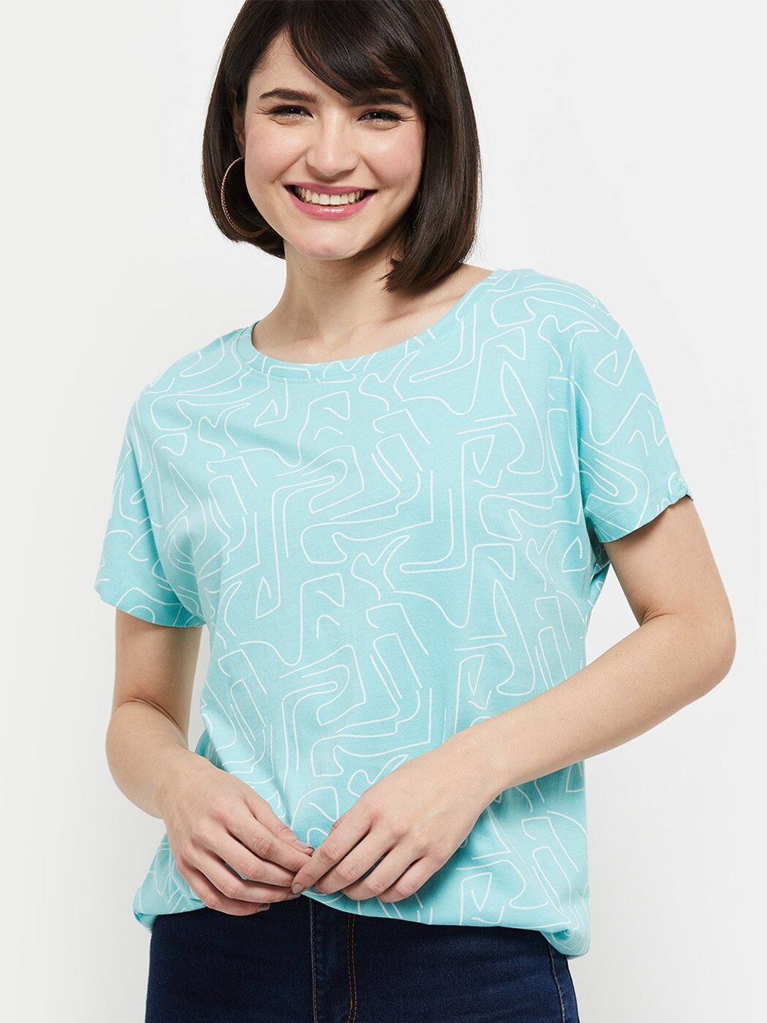 

max Women Blue Printed Pure Cotton Extended Sleeves T-shirt