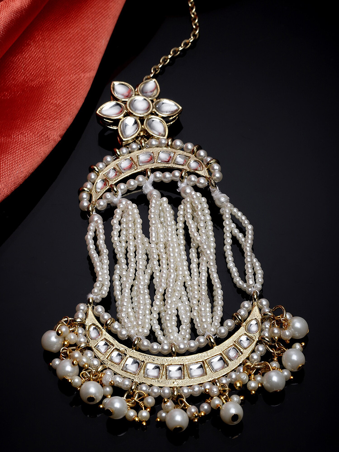 

KARATCART Gold-Plated & White Kundan Studded & Beaded Jhumar Passa