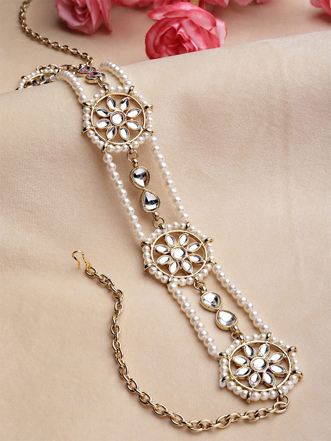 

KARATCART Gold-Plated White Kundan Studded & Beaded Head Chain