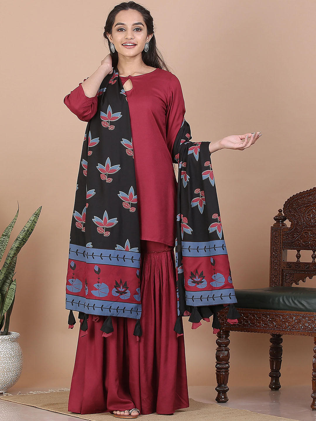 

Rustorange Women Maroon Kurta with Sharara & With Dupatta