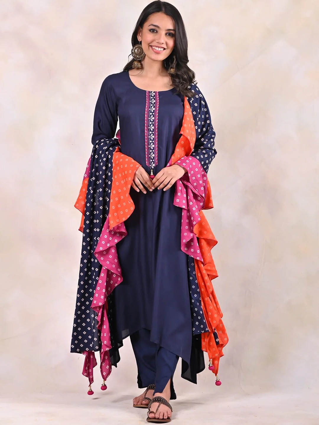 

Rustorange Women Navy Blue Kurta with Trousers & With Dupatta