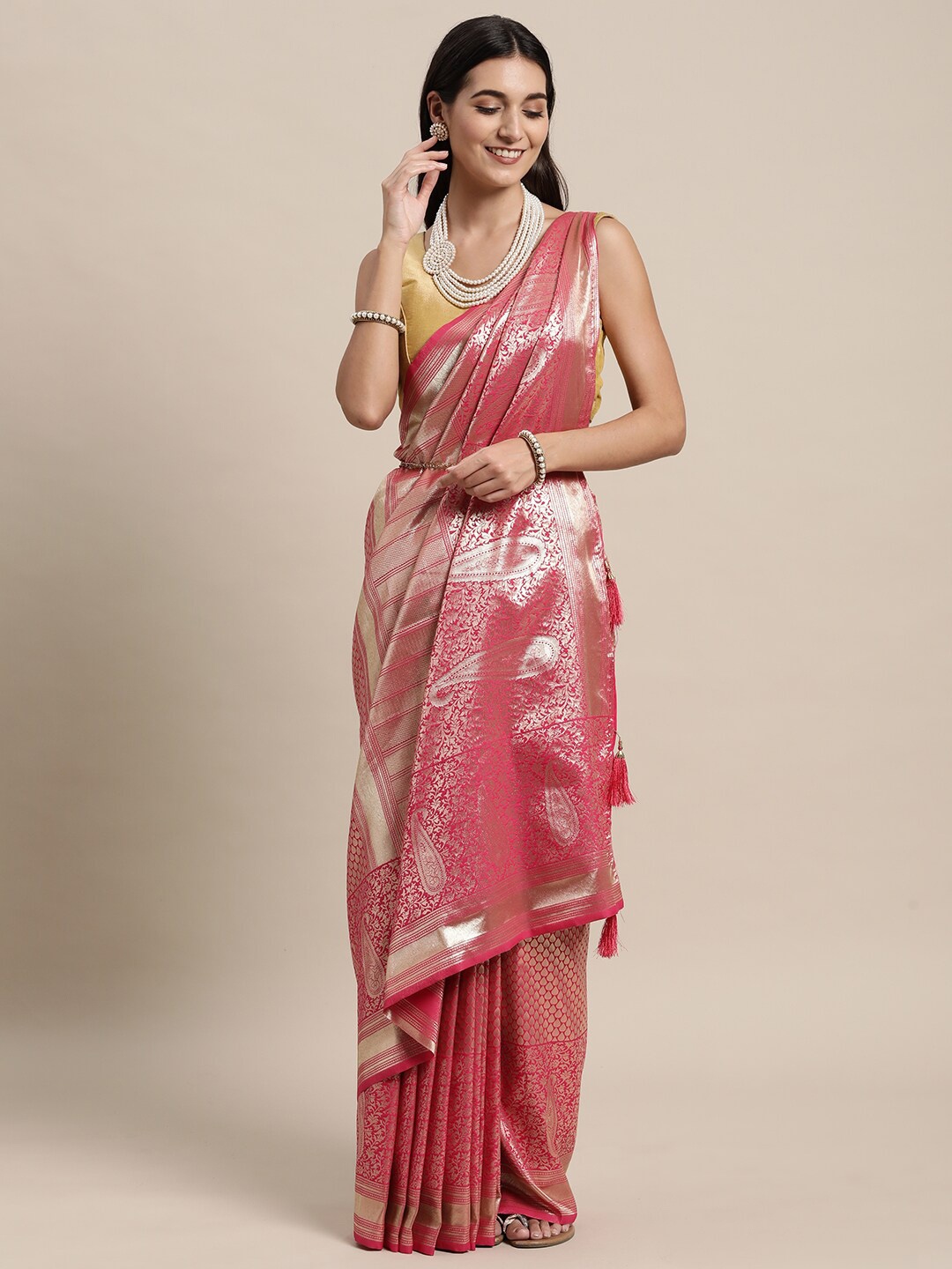 

KAITHY CREATION Pink & Gold-Toned Woven Design Zari Pure Silk Banarasi Saree