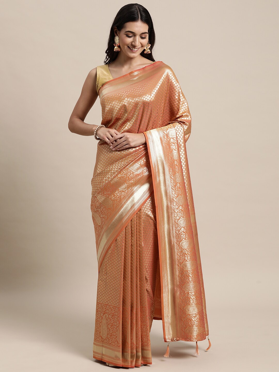 

KAITHY CREATION Orange & Gold-Toned Woven Design Zari Pure Silk Banarasi Saree