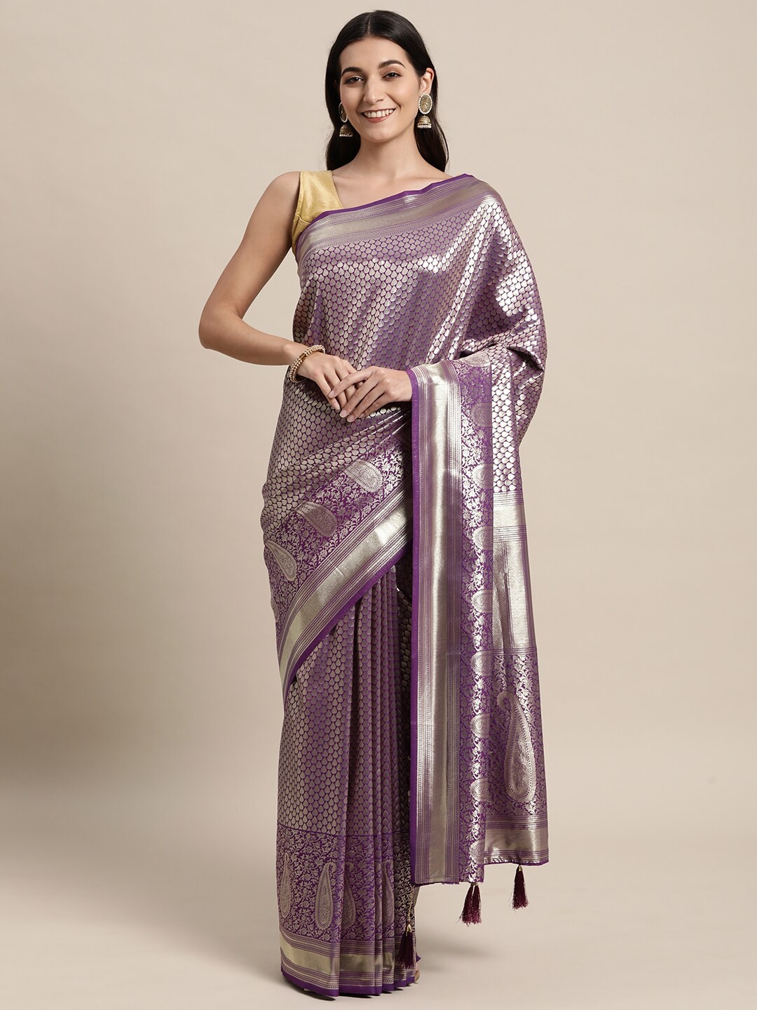 

KAITHY CREATION Purple & Gold-Toned Woven Design Zari Pure Silk Banarasi Saree