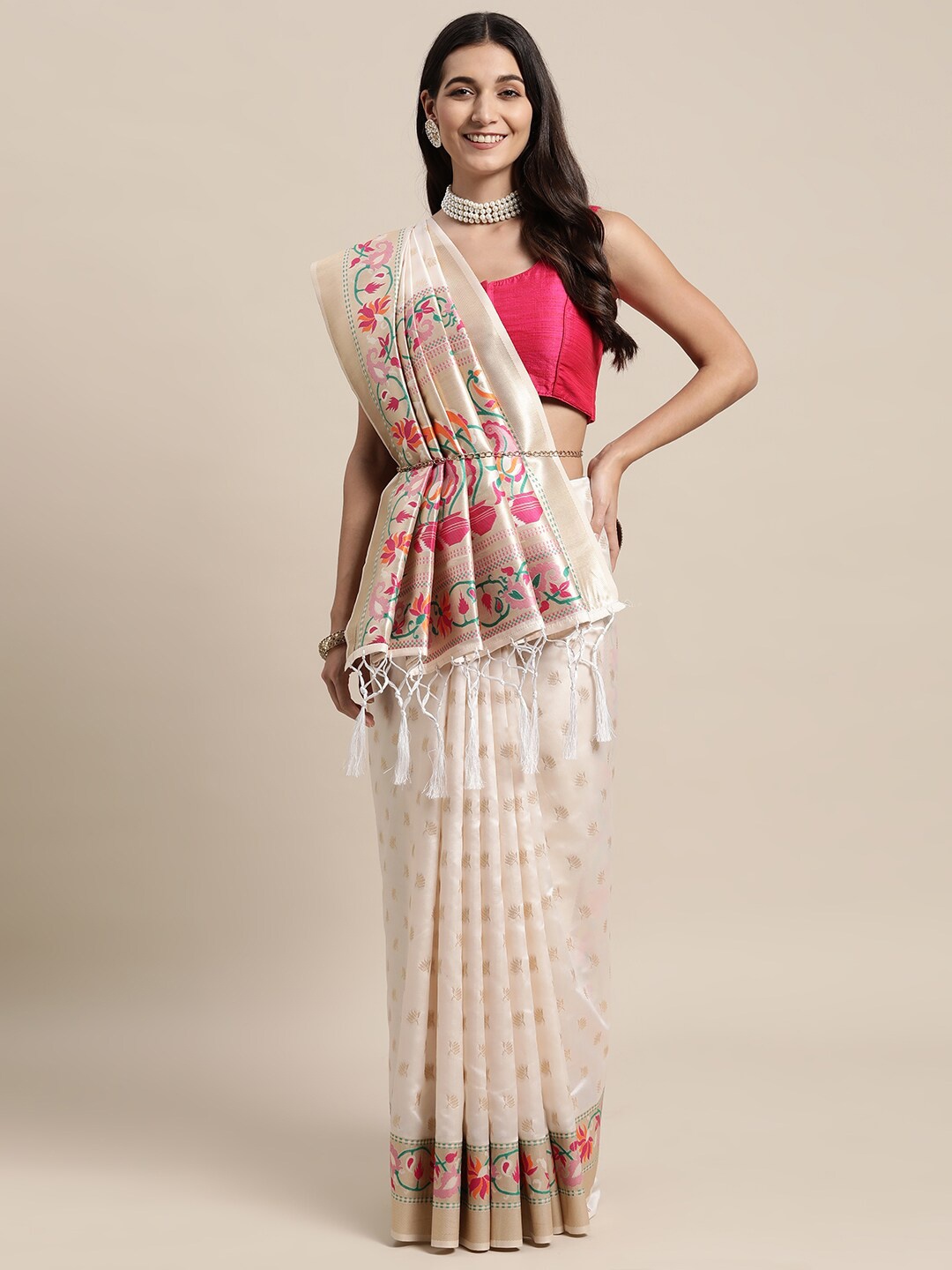 

KAITHY CREATION White & Gold-Toned Floral Zari Pure Silk Banarasi Saree