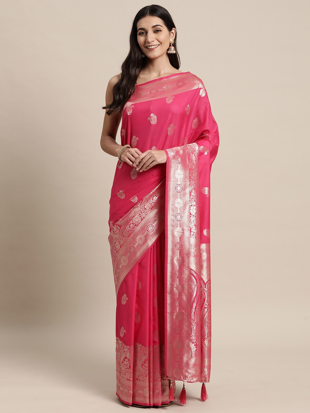 

KAITHY CREATION Pink & Gold-Toned Woven Design Zari Pure Silk Banarasi Saree