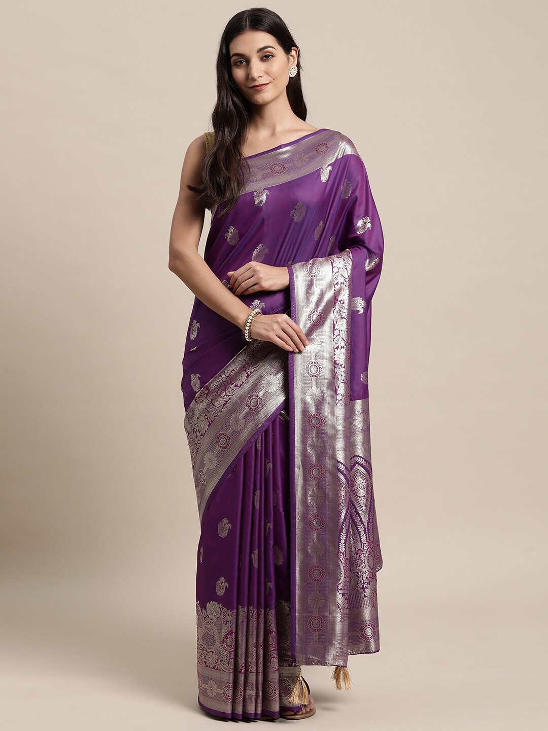 

KAITHY CREATION Purple & Gold-Toned Woven Design Zari Pure Silk Banarasi Saree