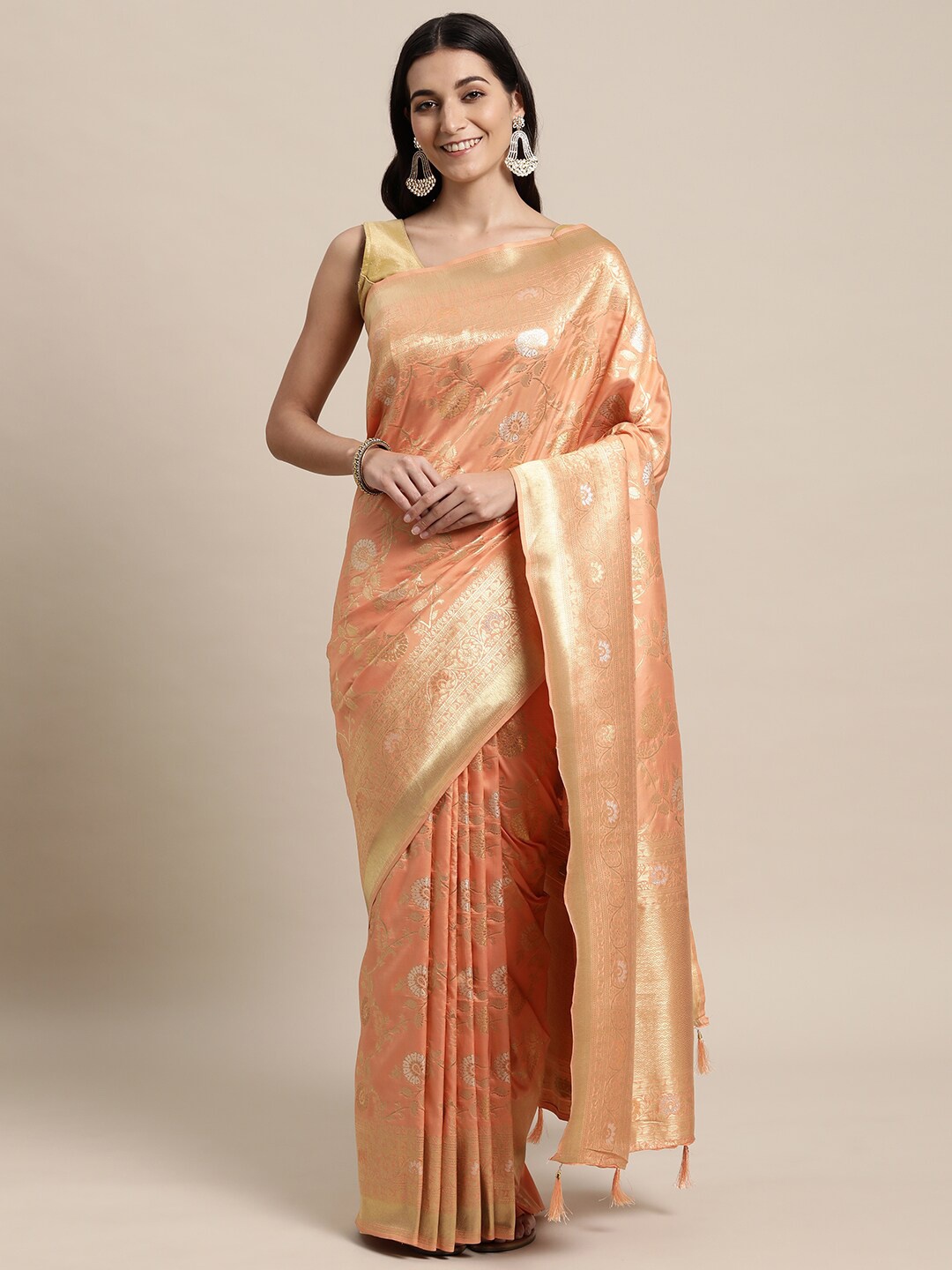 

KAITHY CREATION Orange & Gold-Toned Woven Design Zari Pure Silk Banarasi Saree