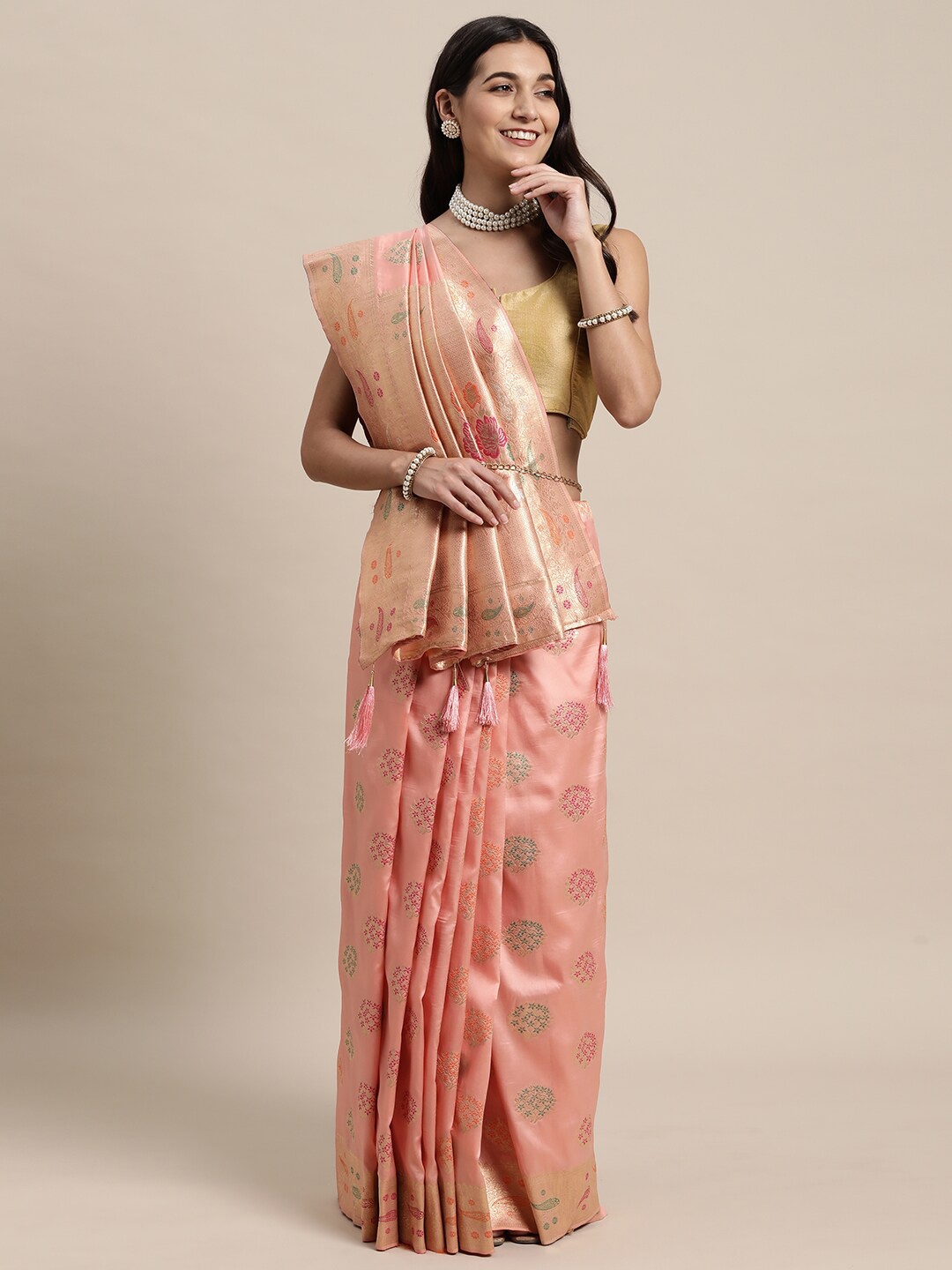 

KAITHY CREATION Orange & Gold-Toned Woven Design Zari Satin Banarasi Saree
