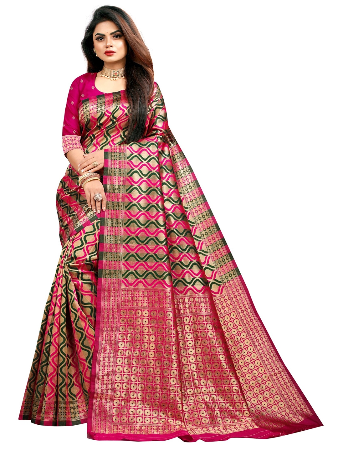

eshami Magenta & Gold-Toned Woven Design Zari Silk Blend Saree
