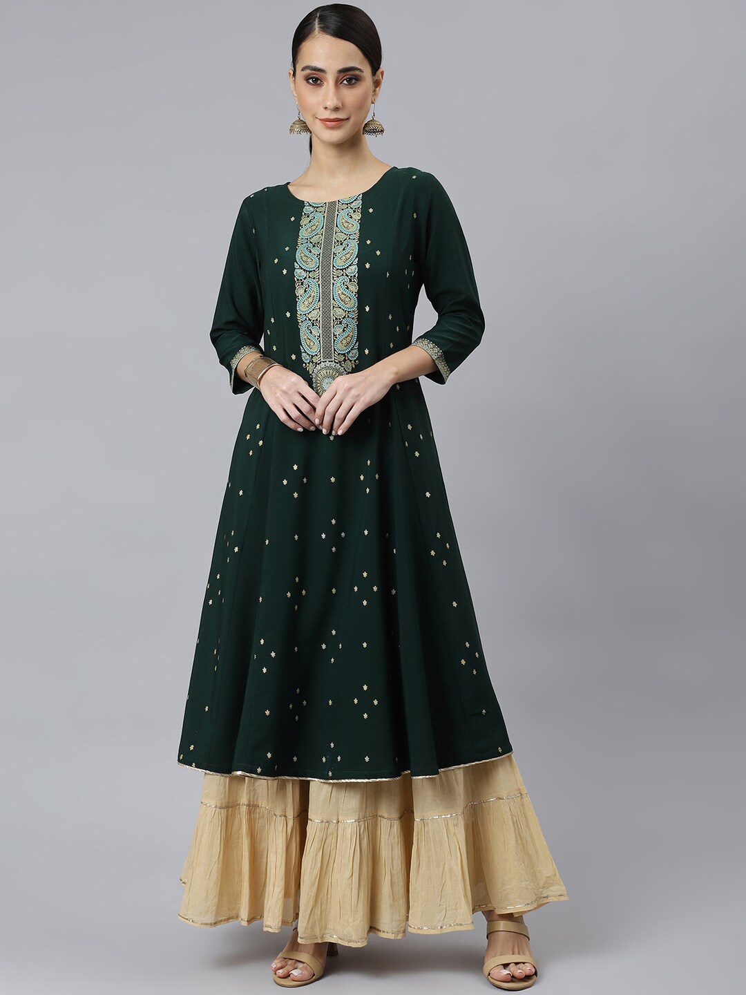 

Janasya Women Green Ethnic Motifs Embroidered Mirror Work Crepe Anarkali Kurta