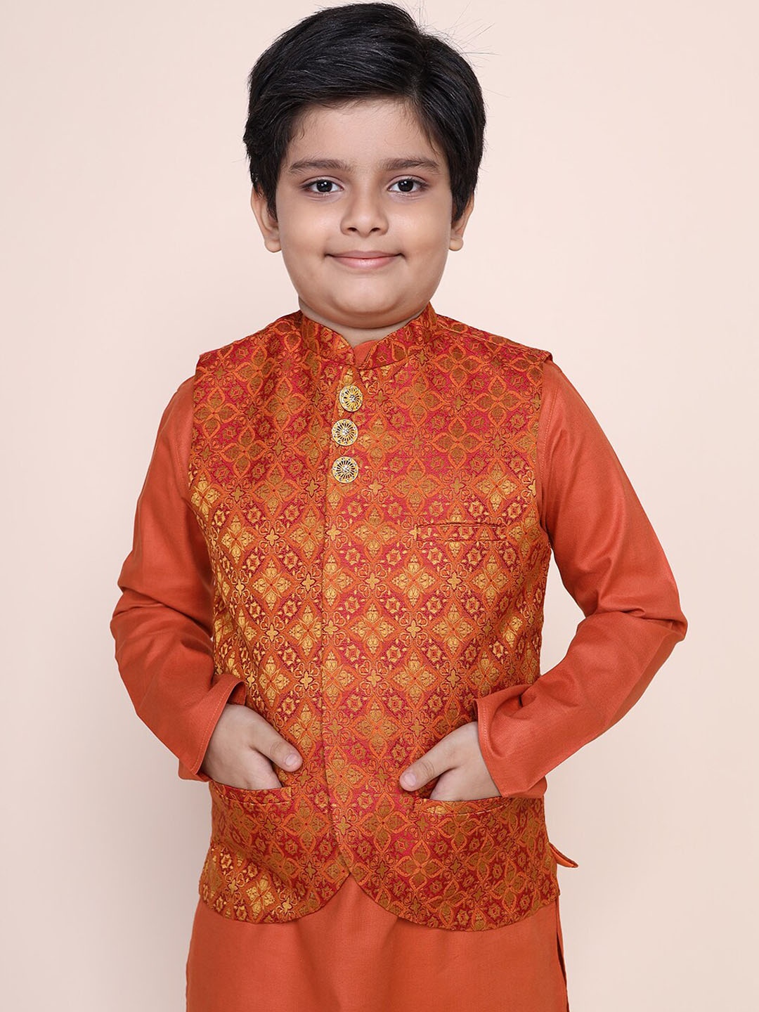 

NAMASKAR Boys Red Printed Woven Nehru Jacket