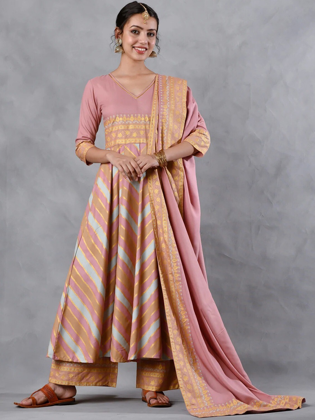 

Rustorange Women Pink Printed Empire Kurta with Palazzos & With Dupatta