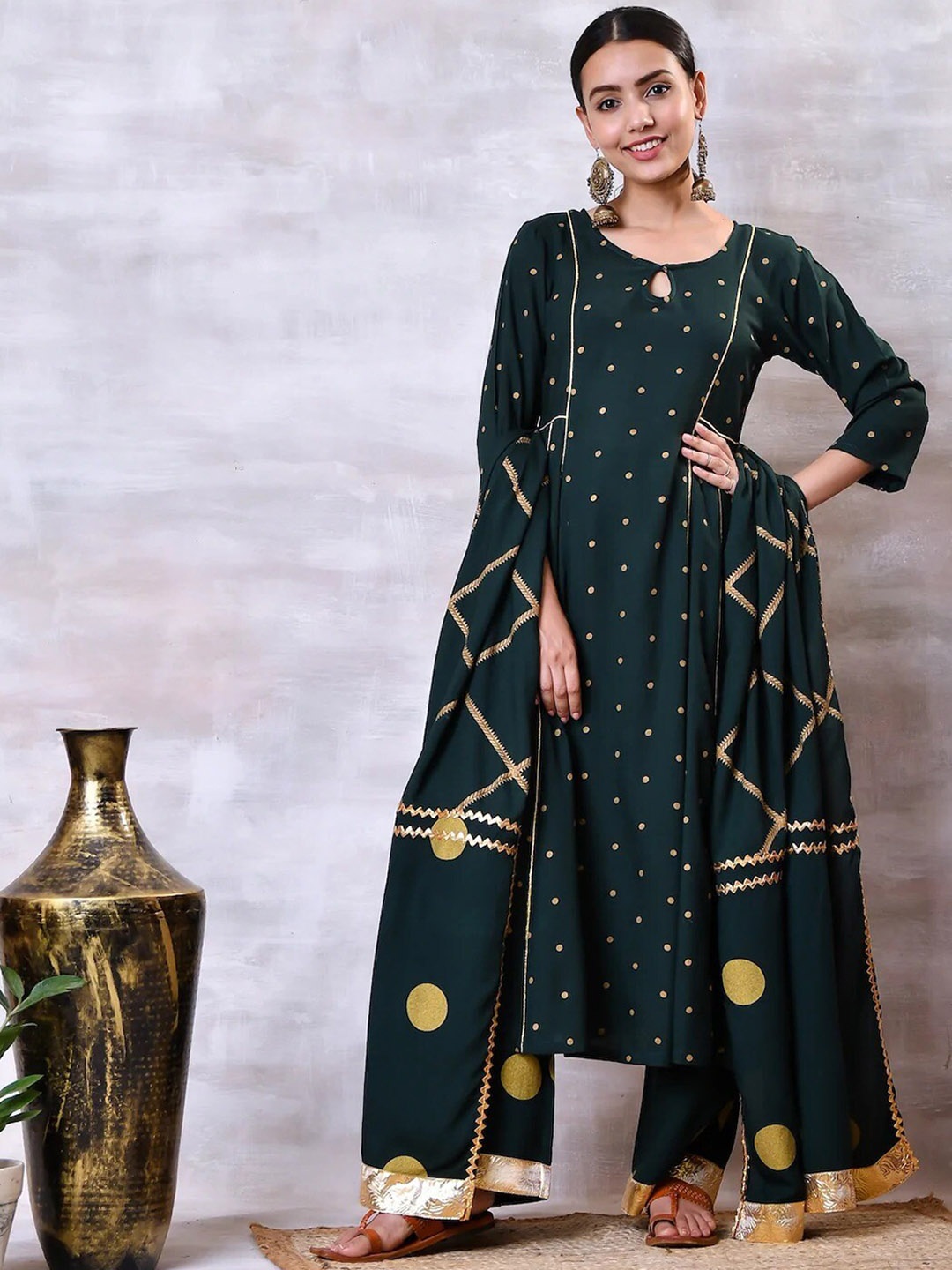 

Rustorange Women Green Floral Printed Panelled Kurta with Palazzos & With Dupatta