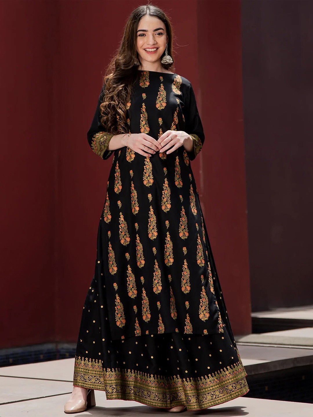 

Rustorange Women Black Ethnic Motifs Printed Kurta with Skirt