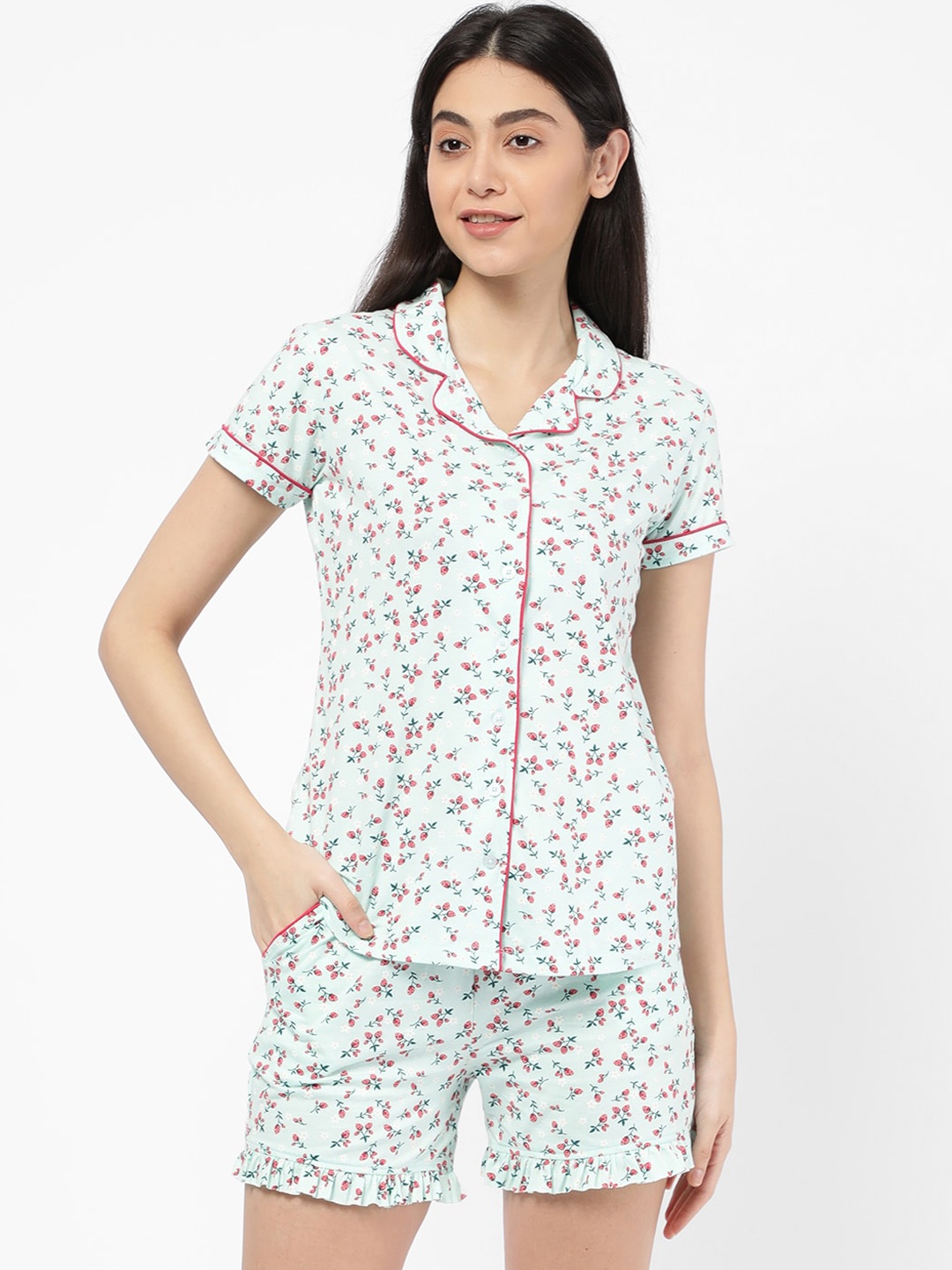 

R&B Women Printed Cotton Night suit, Green