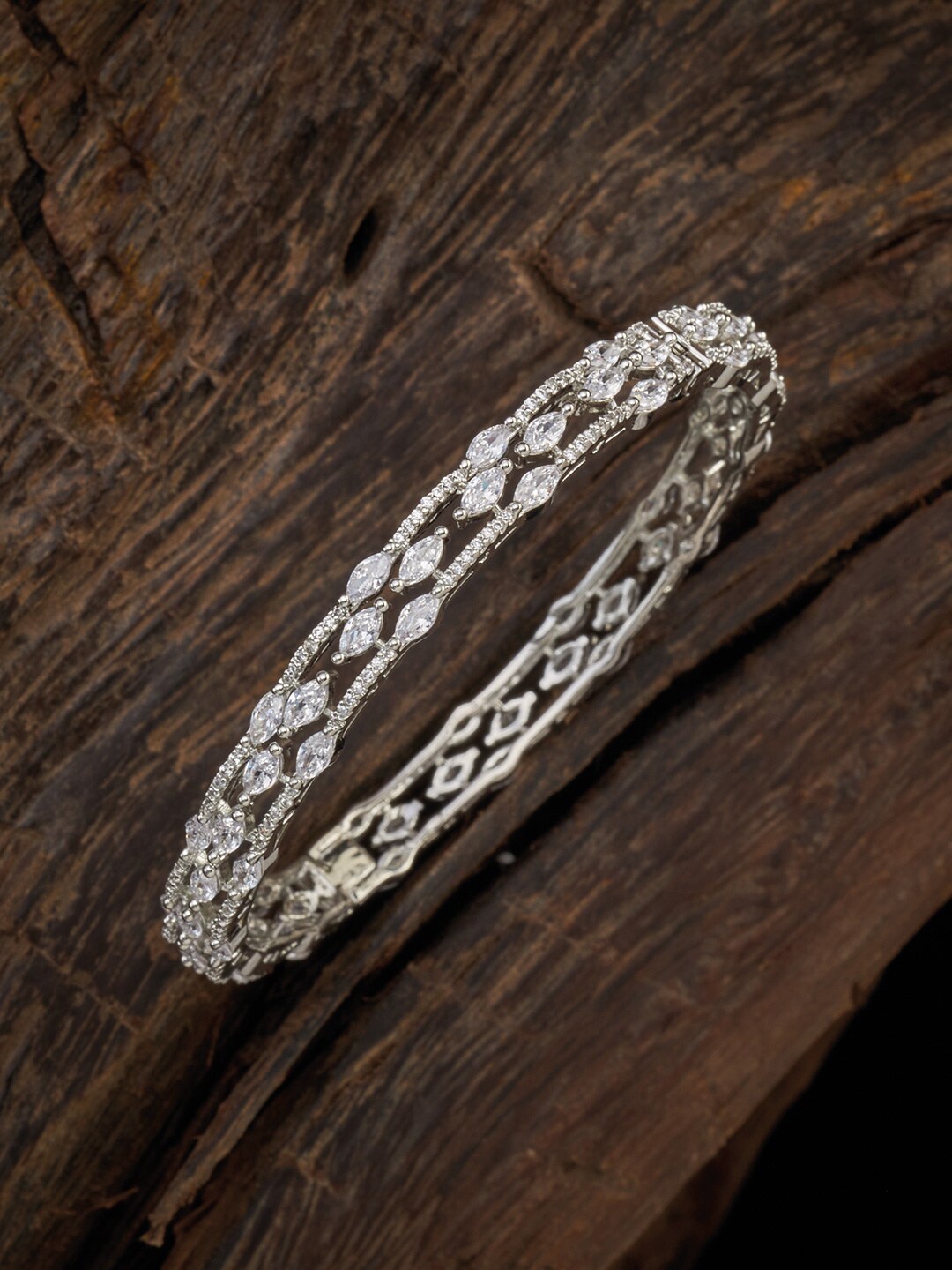 

Kushal's Fashion Jewellery Rhodium-Plated Silver-Toned & White CZ-Studded Bangle