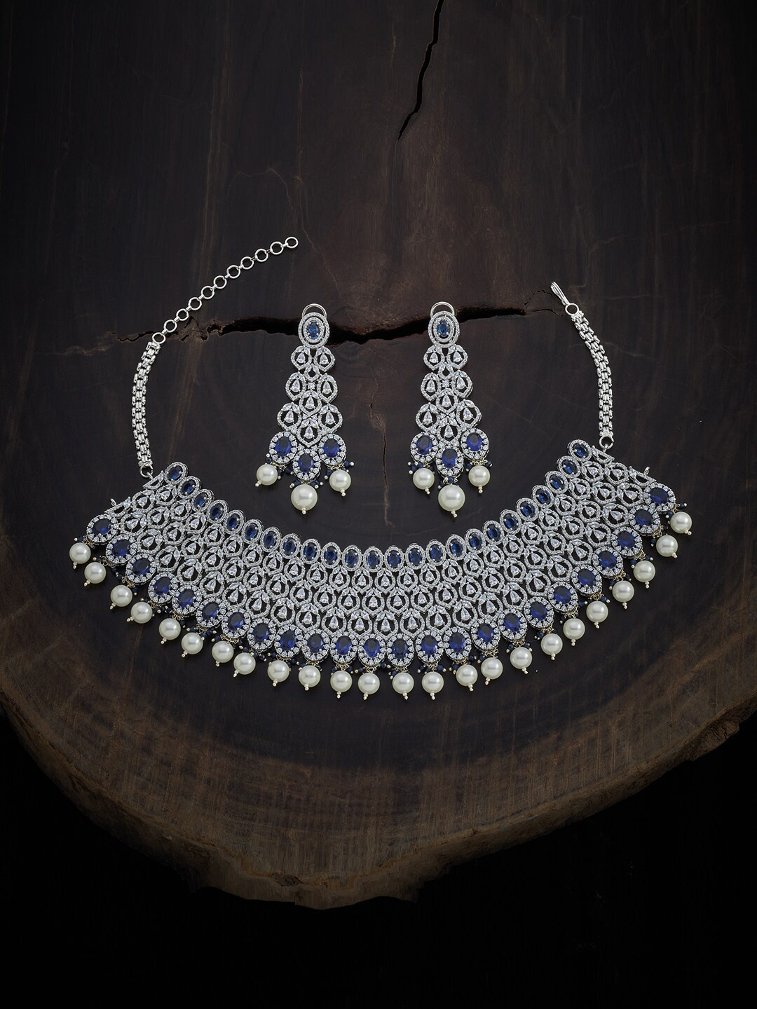 

Kushal's Fashion Jewellery Rhodium Plated Blue CZ-Studded Jewellery Set, Silver