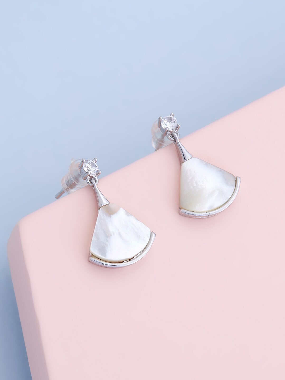 

Kushal's Fashion Jewellery Women White & Silver-Toned Triangular Drop Earrings