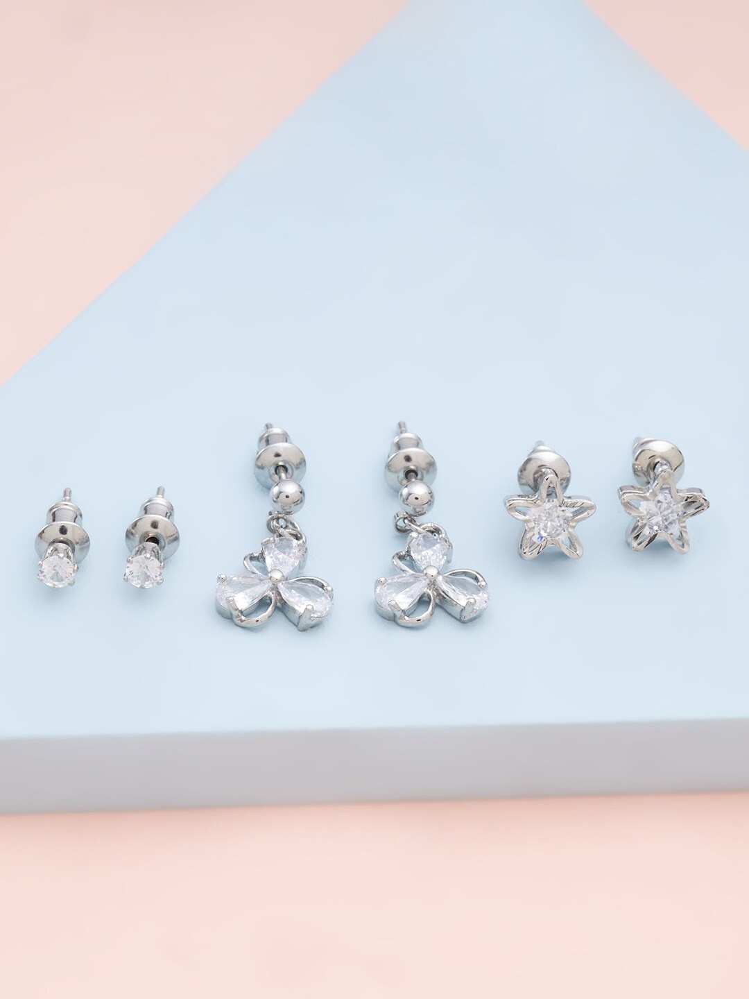 

Kushal's Fashion Jewellery Women White & Silver-Toned Pack Of 3 Floral Studs Earrings