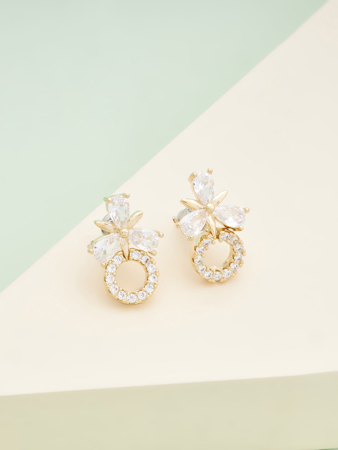 

Kushal's Fashion Jewellery Women Gold Plated White Floral Cubic Zirconia Drop Earrings