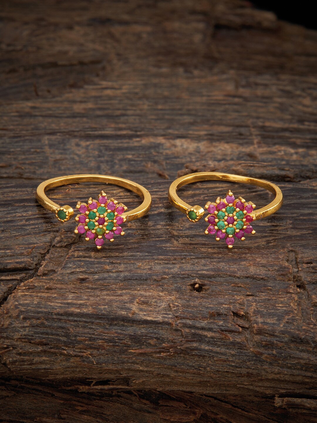 

Kushal's Fashion Jewellery Gold-Plated Pink & Green CZ Studded Toe Rings