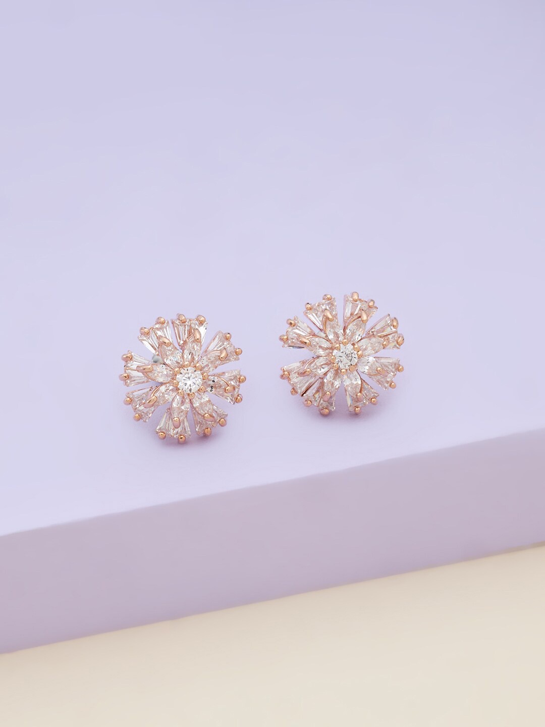 

Kushal's Fashion Jewellery Women Rose-Gold Plated White Floral CZ Stud Earrings