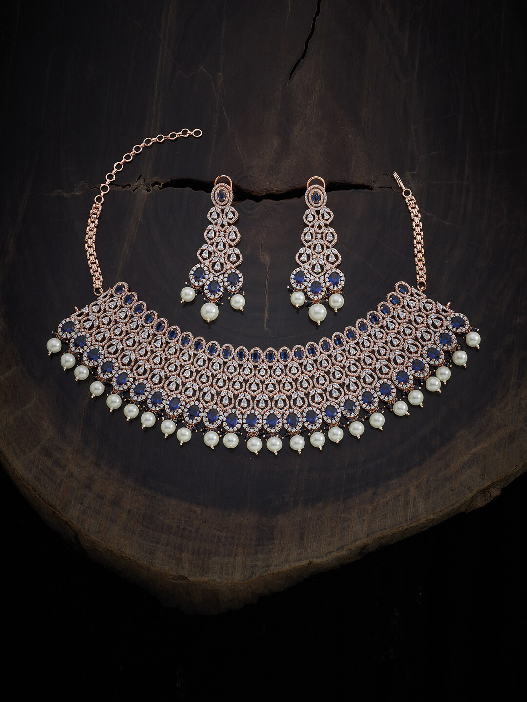

Kushal's Fashion Jewellery Rose Gold-Plated & Blue CZ-Studded Jewellery Set