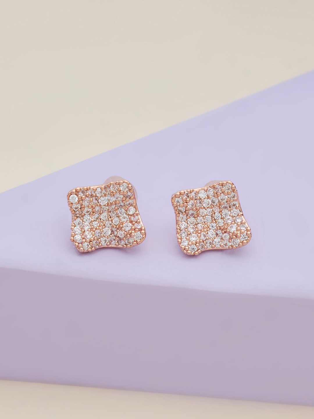 

Kushal's Fashion Jewellery Women Rose-Gold Plated White Square CZ Stud Earrings