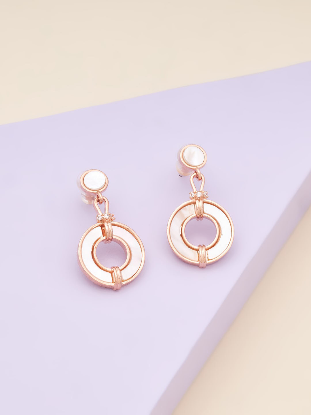 

Kushal's Fashion Jewellery Women Rose-Gold Plated White Circular CZ Drop Earrings