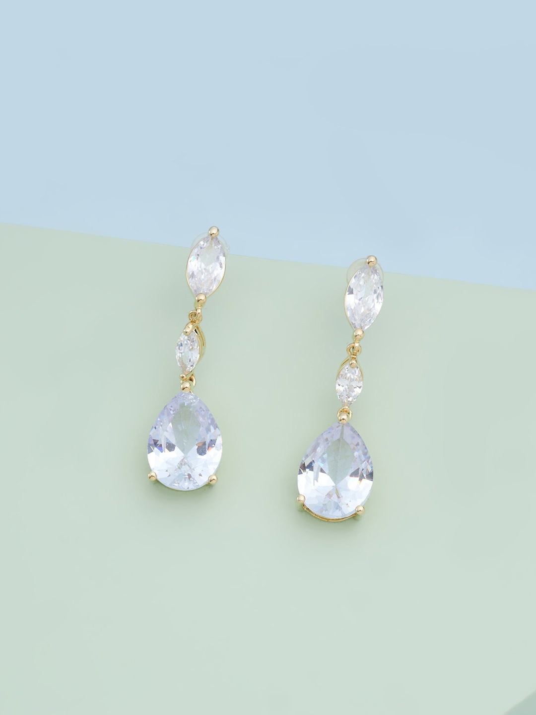 

Kushal's Fashion Jewellery Women Gold Plated White Teardrop Shaped CZ Drop Earrings