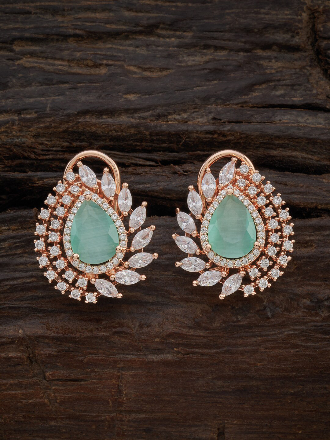

Kushal's Fashion Jewellery Women Rose-Gold Plated Sea Green & White CZ Teardrop Earrings