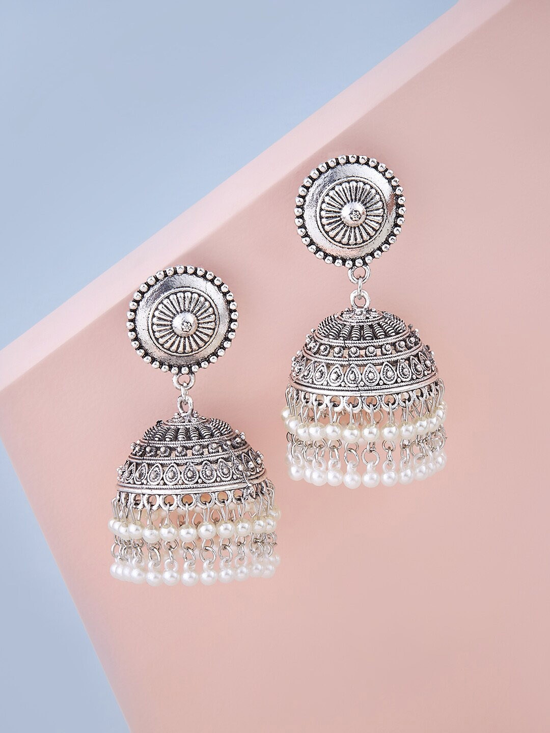

Kushal's Fashion Jewellery White Dome Shaped Jhumka Earrings