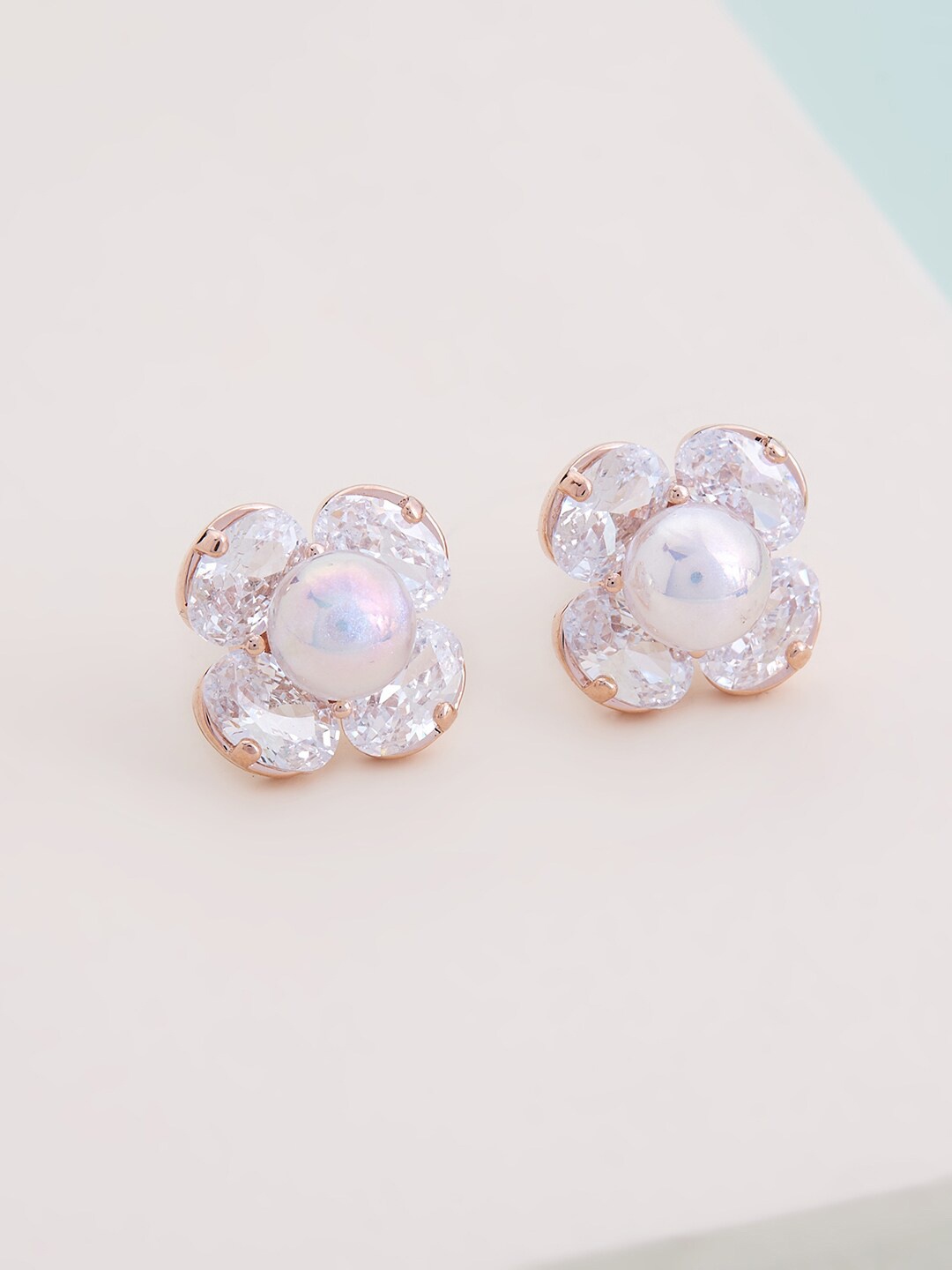 

Kushal's Fashion Jewellery Women Rose-Gold Plated White Floral Stud Earrings