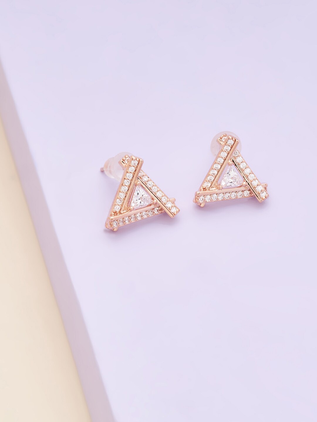 

Kushal's Fashion Jewellery Women Rose-Gold Plated White Triangular Stud Earrings